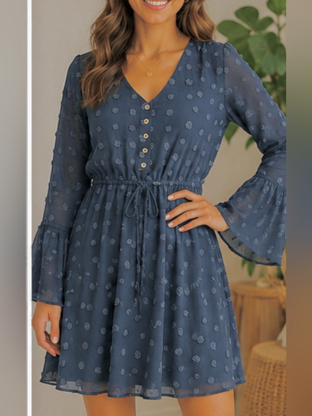 🎀 BaeVely Blue Long-Sleeve V-Neck Drawstring Midi Dress